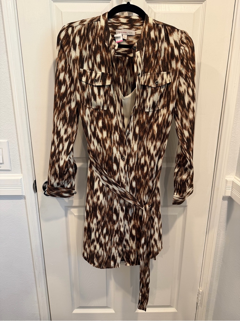 Brown & White Patterned Shirt Dress with Waist Tie and separate lining inside